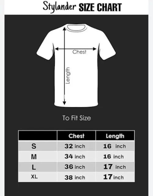 Stylander size chart for t-shirts with a white t-shirt illustration and measurement guide.


