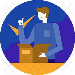 Illustration of a person opening a box with a blue circle background