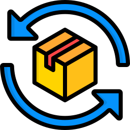 Yellow box with red stripe surrounded by blue curved arrows