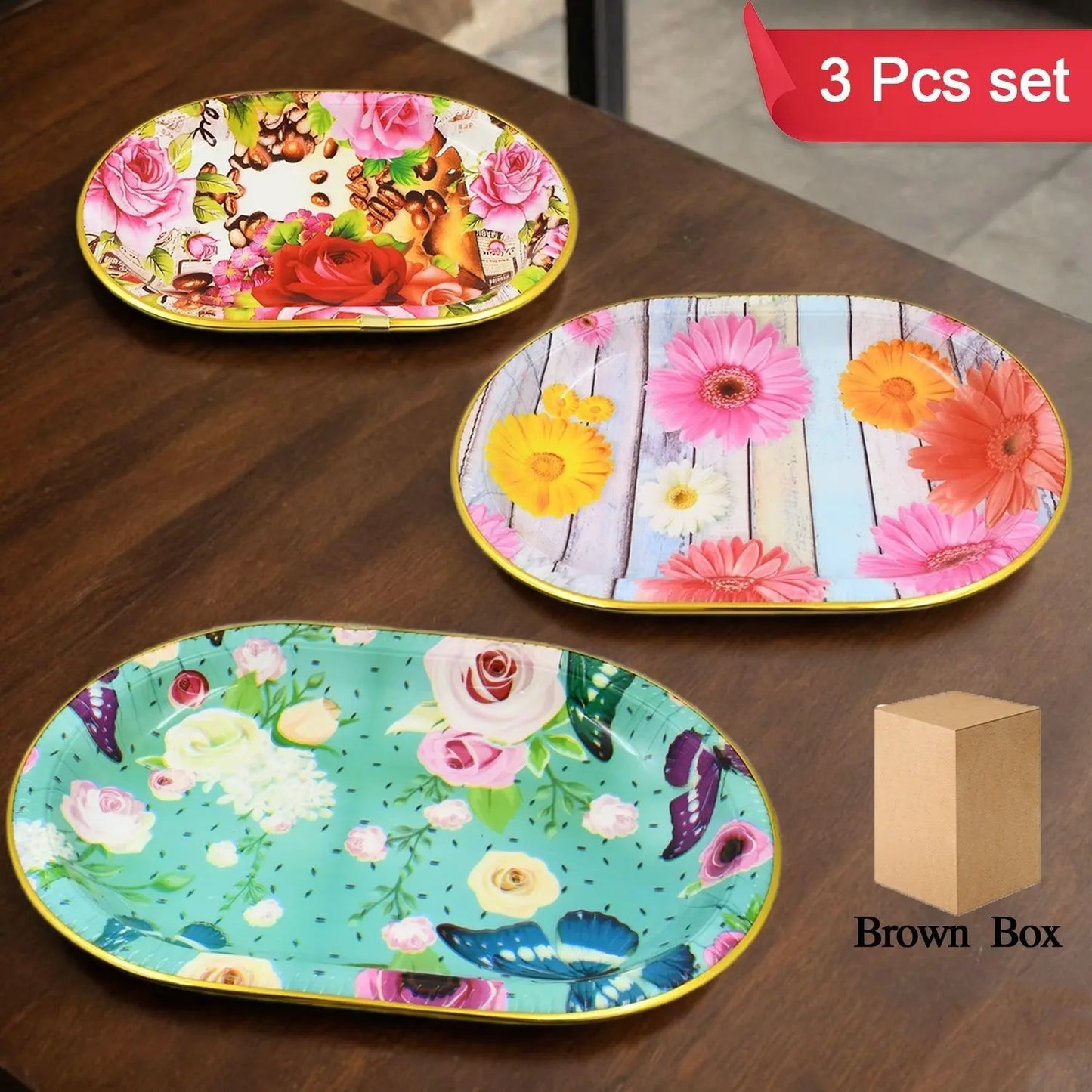 3 - Piece Flower Printed Serving Tray Set – Stylish & Durable - Chestore