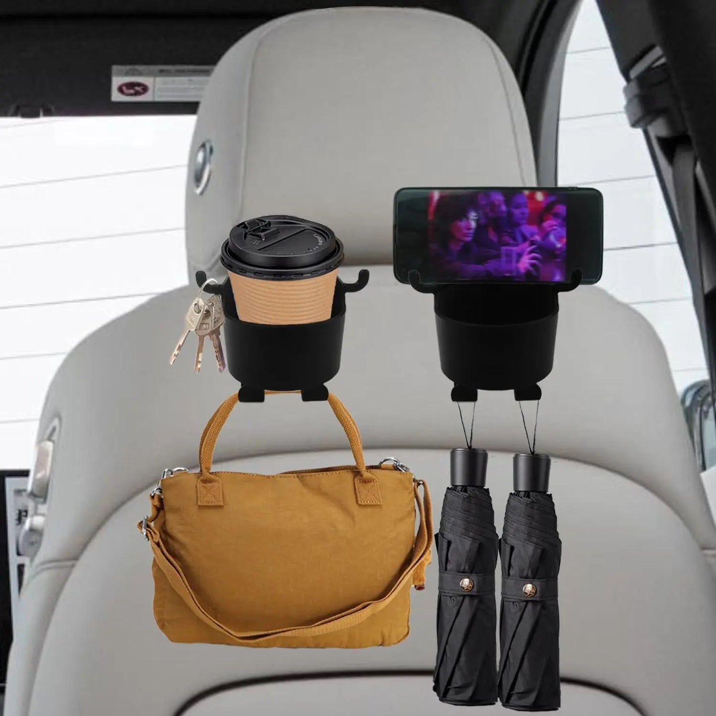 3 - in - 1 Car Headrest Backseat Organizer – Cupholder, Phone Holder & Hooks 🚗 - Chestore