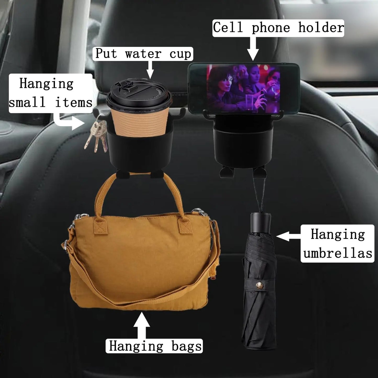 3 - in - 1 Car Headrest Backseat Organizer – Cupholder, Phone Holder & Hooks 🚗 - Chestore