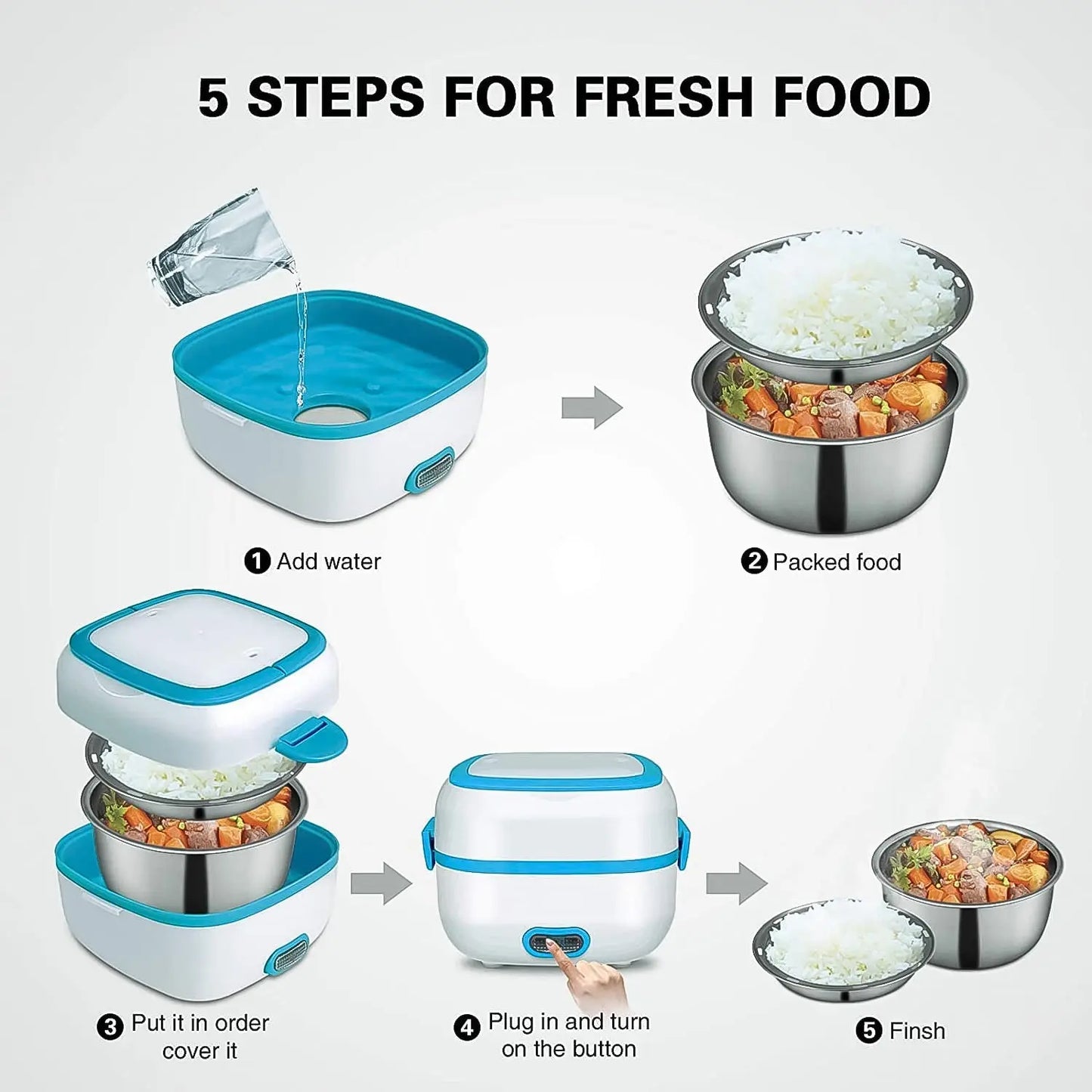 Electric Lunch Box 3 In 1 Food Heater Cooker Steamer With Stainless Steel Bowls (1 Set) - Chestore