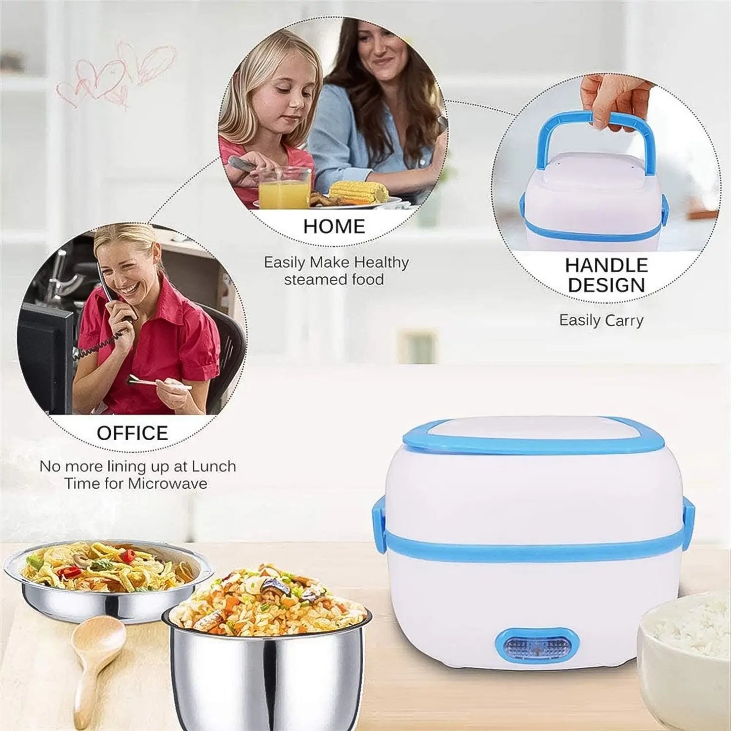 Electric Lunch Box 3 In 1 Food Heater Cooker Steamer With Stainless Steel Bowls (1 Set) - Chestore