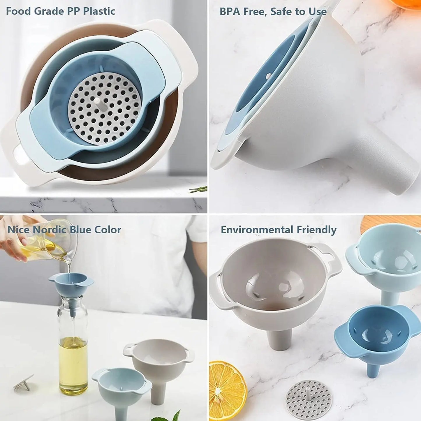 3 - in - 1 Kitchen Funnel Set – Food - Grade Plastic Funnels with Strainer for Liquids & Dry Ingredients - Chestore