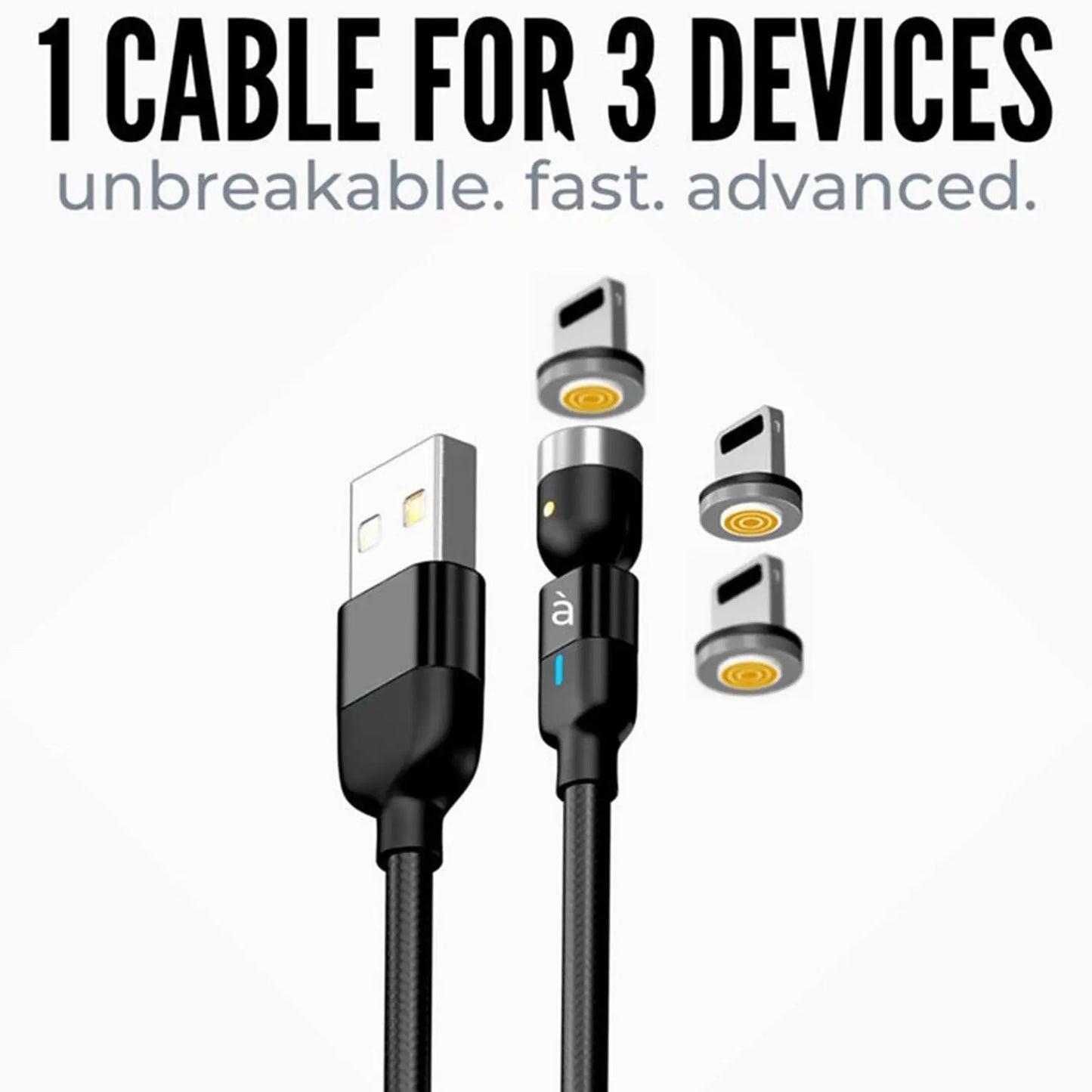 3 - in - 1 Magnetic USB Charging Cable - Fast Charging, Nylon, Full Rotation, USB - C, Android, & Lightning - Chestore