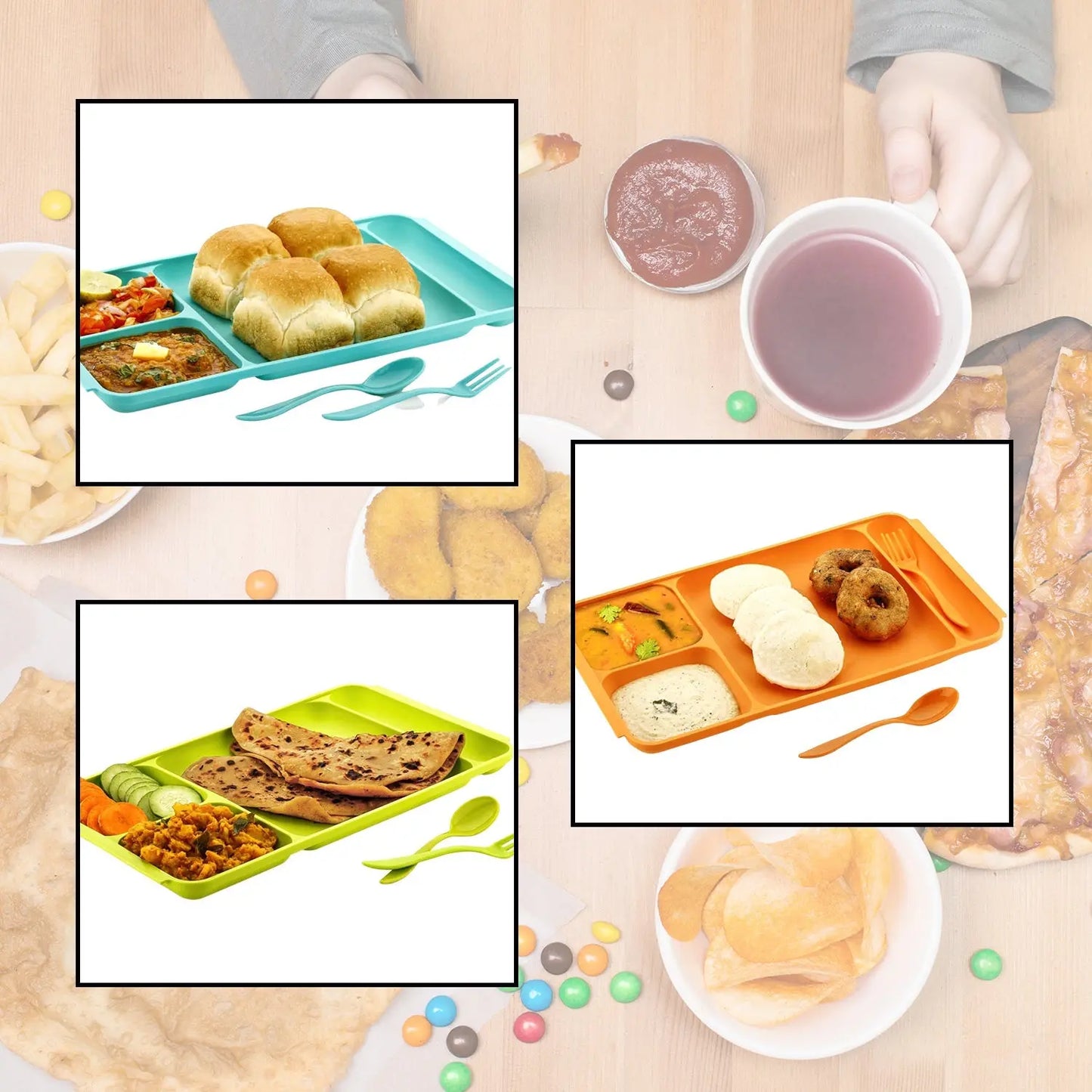 4 - Compartment Plastic Food Plate with Spoon & Fork – Divided Dinner Plate for Meals - Chestore