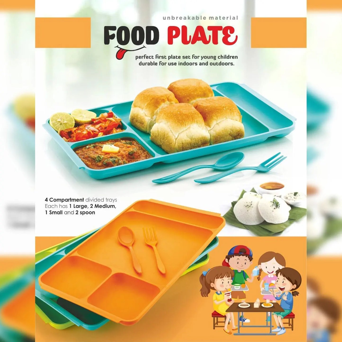 4 - Compartment Plastic Food Plate with Spoon & Fork – Divided Dinner Plate for Meals - Chestore