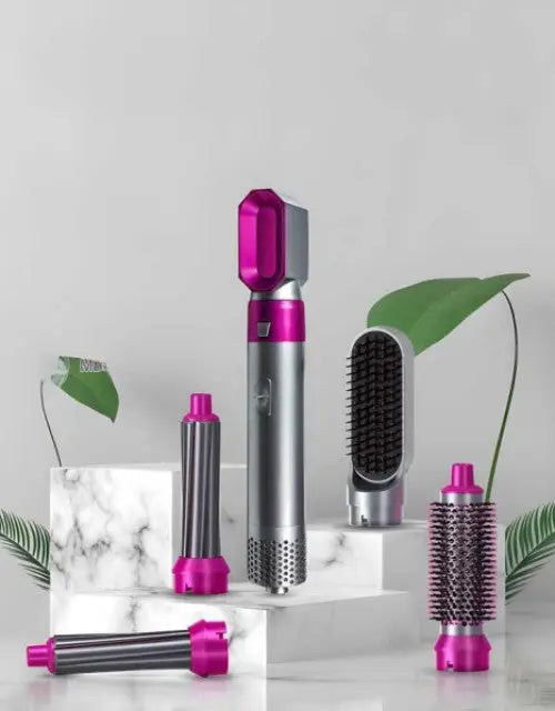 5-in-1 multifunctional hair dryer brush with curling and straightening attachments