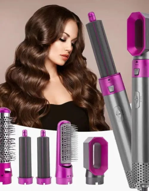 Woman with styled hair next to a hair styling tool with multiple attachments on a beige background