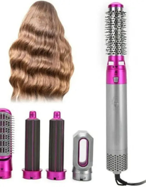Hair styling tool with interchangeable attachments and styled hair on a white background