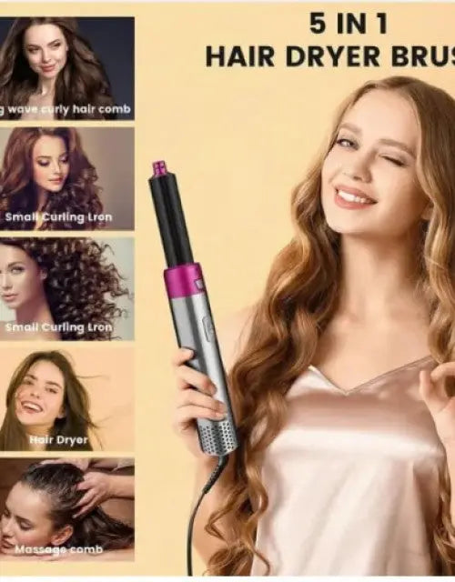 5-in-1 hair dryer brush with a woman holding it and images of hairstyles on a beige background