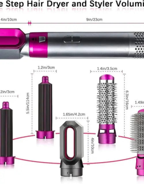 Hair dryer and styler with interchangeable nozzles and measurements on a white background