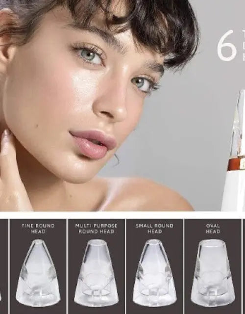 Woman with makeup product and different head shapes for the product on a gray background

