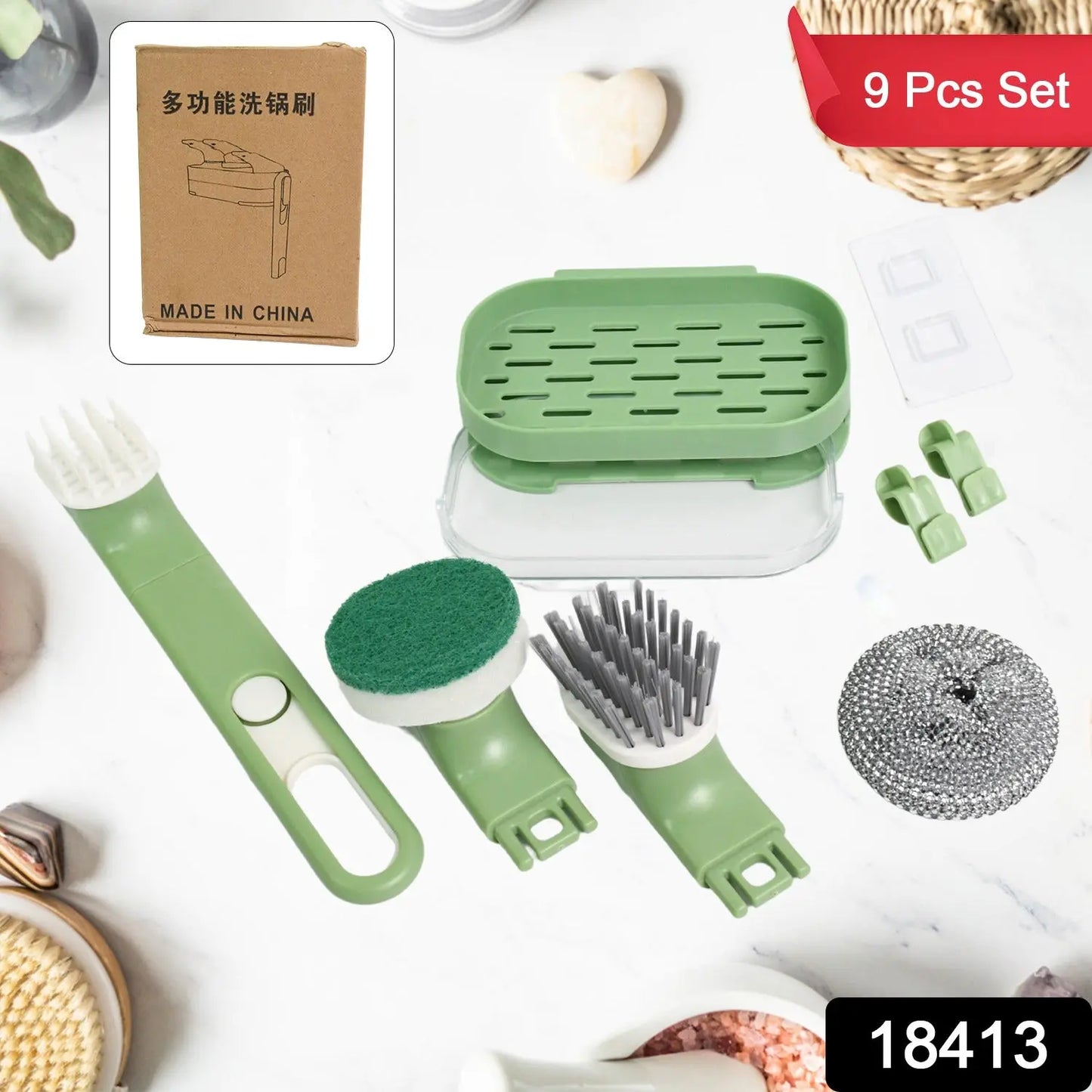Dish Brush Set with Handle & Replacement Heads – 9 - Piece Kitchen Cleaning Kit - Chestore