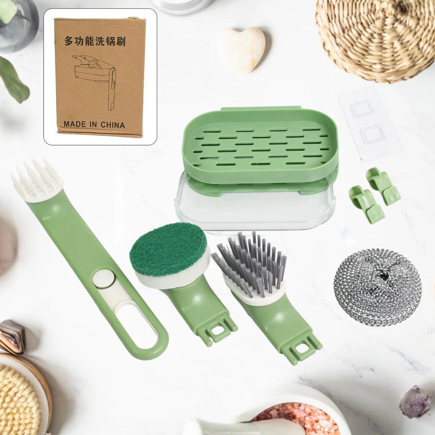 Dish Brush Set with Handle & Replacement Heads – 9 - Piece Kitchen Cleaning Kit - Chestore