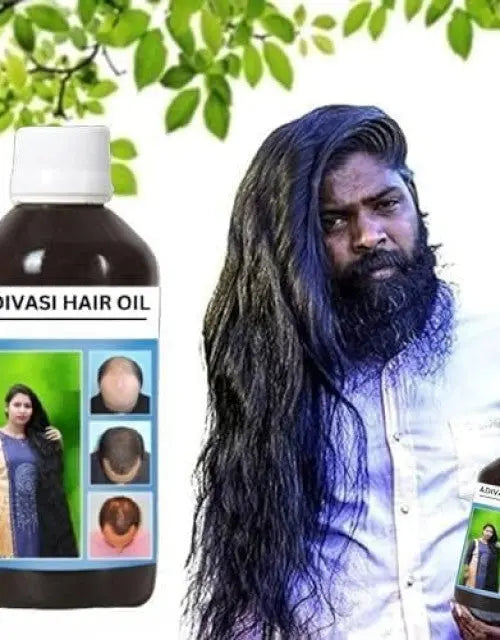 Bottle of Divasi Hair Oil with a person with long hair and images of people with hair loss before and after using the oil.
