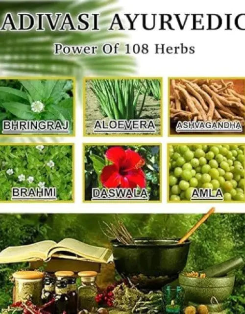 Adivasi Ayurvedic advertisement featuring herbs and traditional tools on a green background.