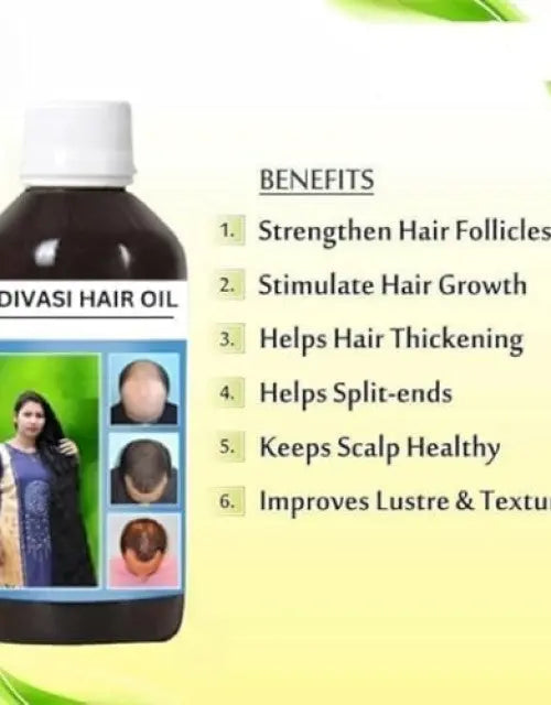 Hair oil bottle with benefits listed on a green and white background