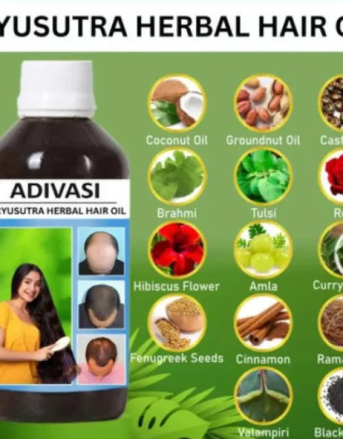 Yusutra Herbal Hair Oil with ingredients listed on a green background