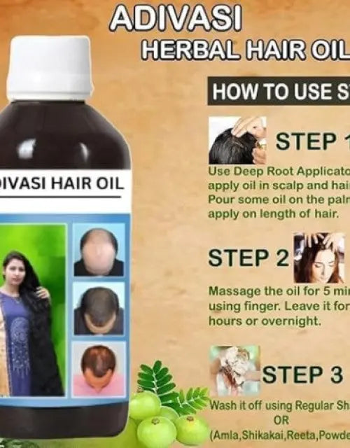 Adivasi Herbal Hair Oil bottle with usage instructions on a brown background