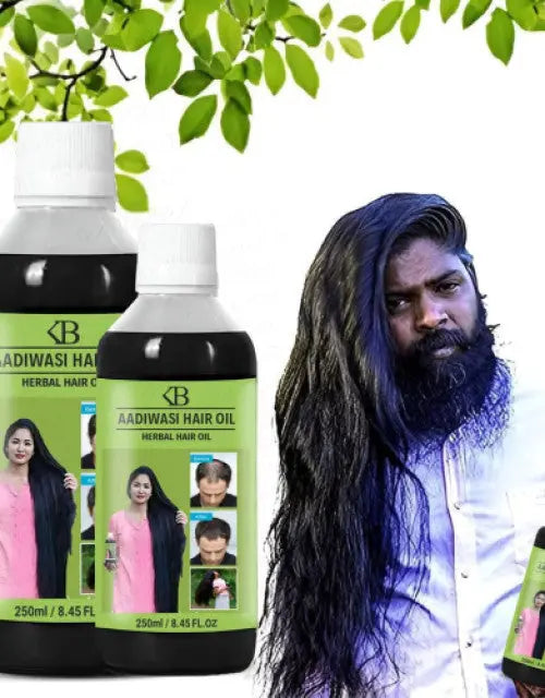 Two bottles of Aadiwasi Hair Oil with a person with long hair on a white background.