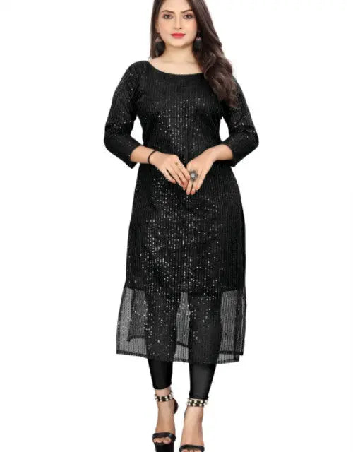 Woman wearing a black sequined dress on a white background