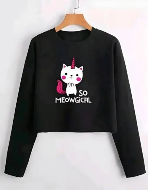 Black sweatshirt with a cat unicorn graphic and 'So MEOWGICAL' text on a white background

