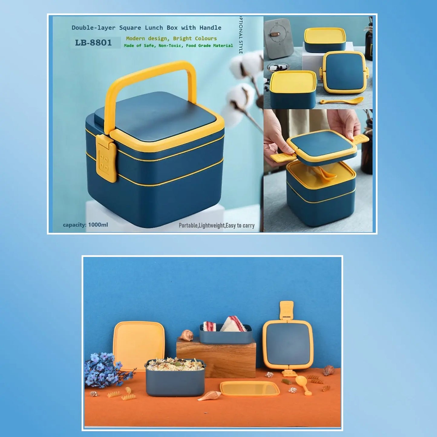 Blue Double - Layer Stackable Lunch Box with Handle & Spoon - Chestore