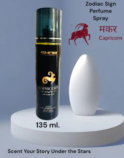 Shok Capricorn perfume spray bottle with zodiac sign symbol on a blue background

