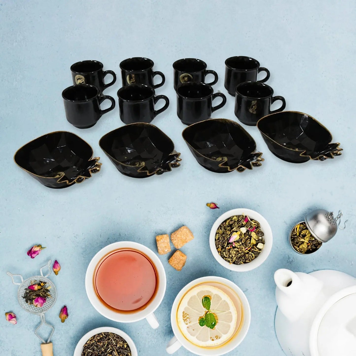 Pine Junction Ceramic Tea Cups & Mug Set with Pineapple - Shaped Serving Bowl – 12 - Piece Set - Chestore