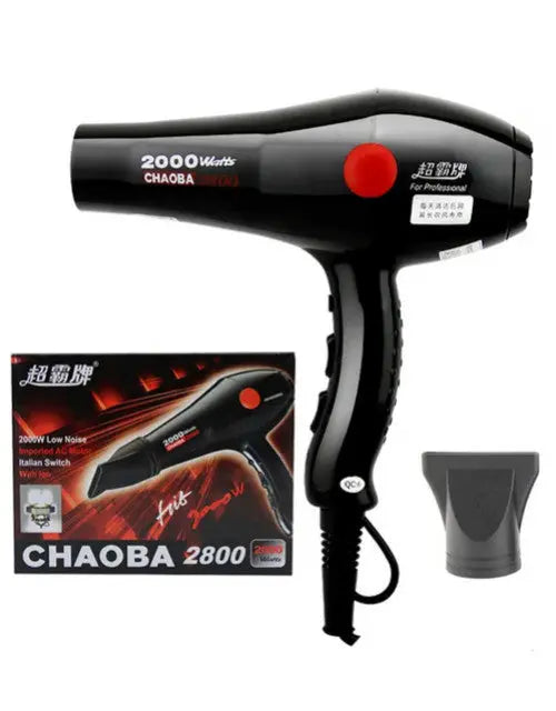 Black hair dryer with red button and packaging on a white background