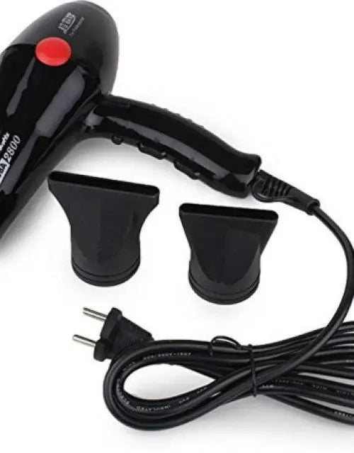 Black hair dryer with attachments and power cord on a white background