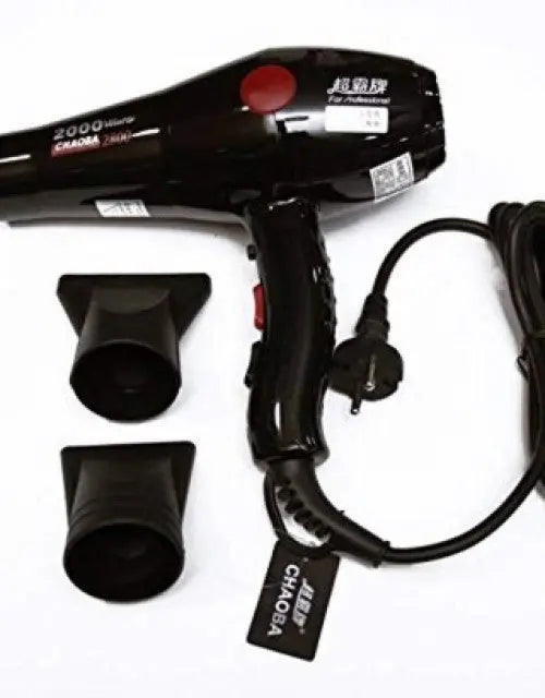 Black hair dryer with attachments on a white background