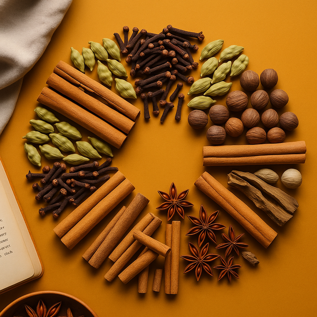 Spices including cinnamon sticks, cardamom pods, and star anise arranged in a circular pattern on a yellow background.