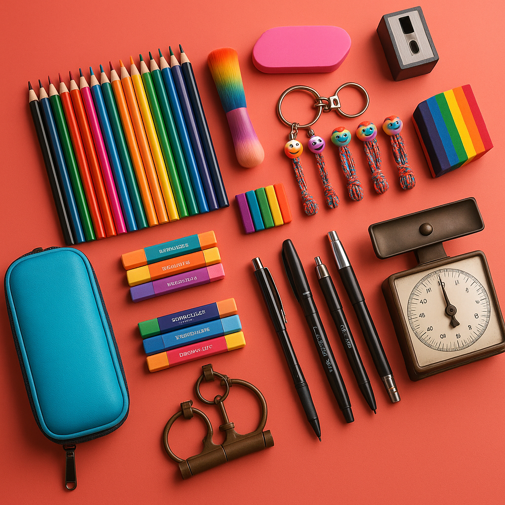 Assorted stationery items including pencils, pens, erasers, and a clock on a red background