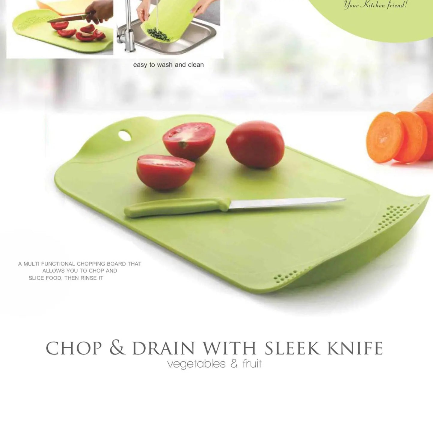 Chop & Drain Chopping Board with Sleek Knife – Multipurpose Kitchen Tool - Chestore