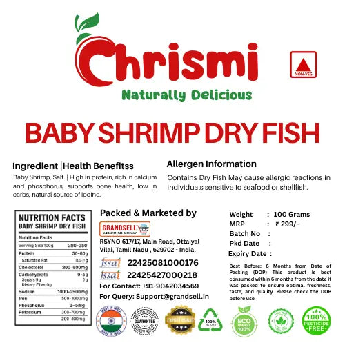Product label for Chrismi Baby Shrimp Dry Fish with branding and nutritional information.