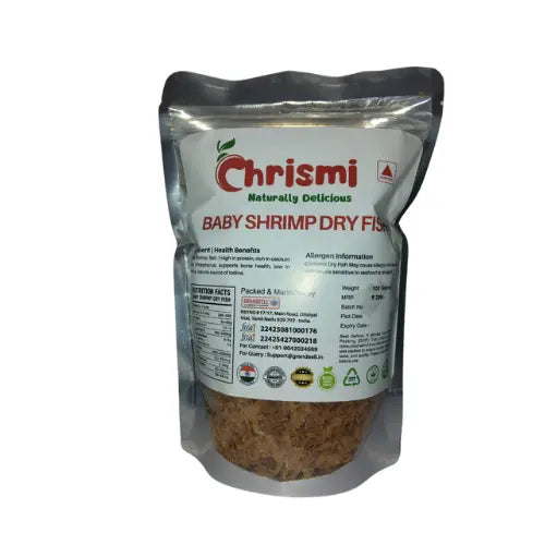 Packaged baby shrimp dry fish with Chrismi branding on a white background