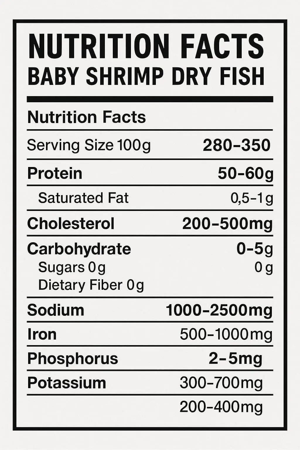Nutrition facts label for baby shrimp dry fish