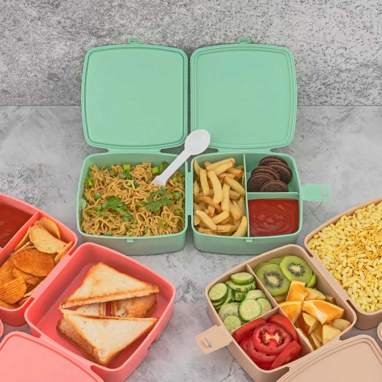 Double - layer Square Lunch Box – 4 Compartment Tiffin with Spoon - Chestore
