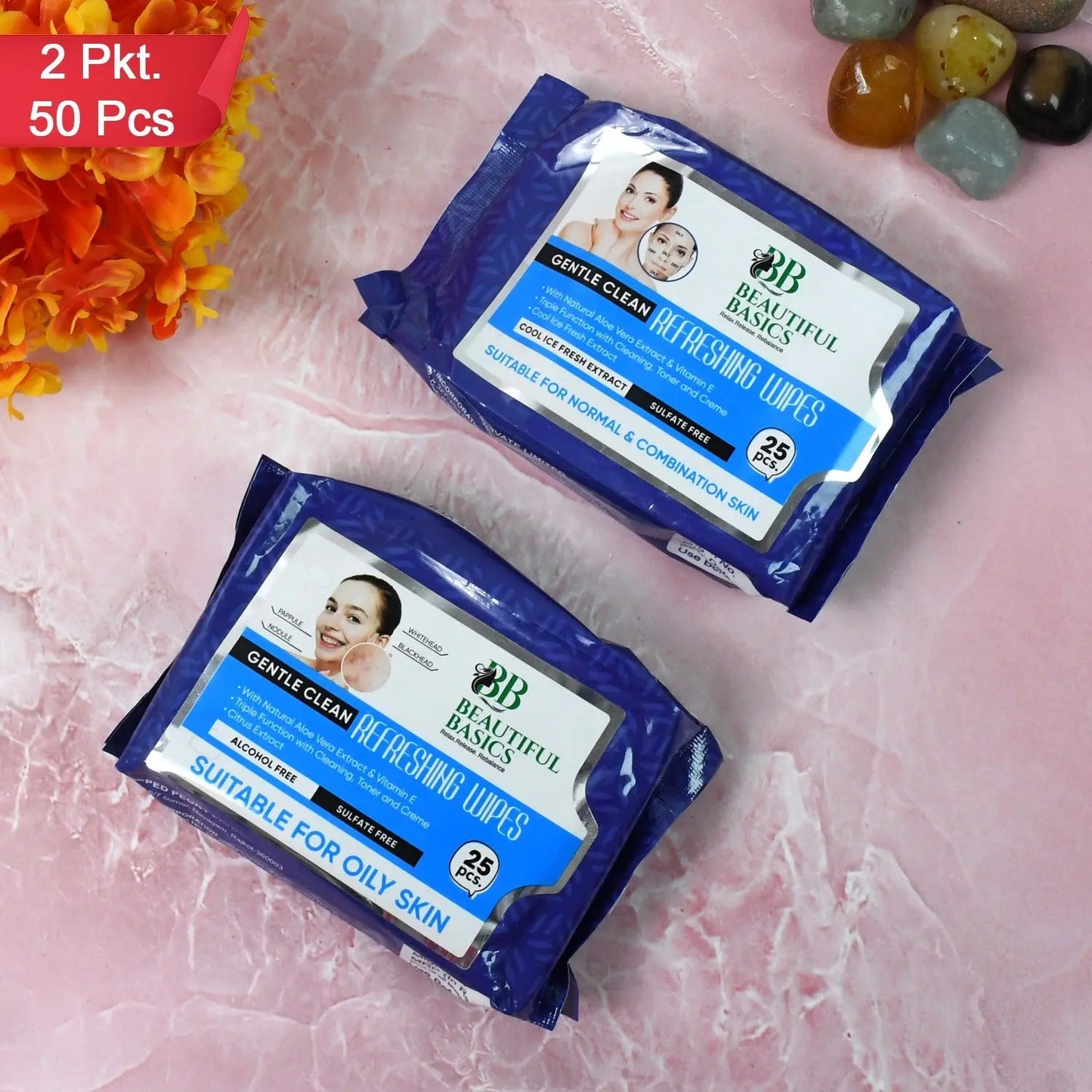 Beautiful Basics Normal Oily Skin Face Wipes (2 Pkts X 50 Pcs Wipes) - Chestore