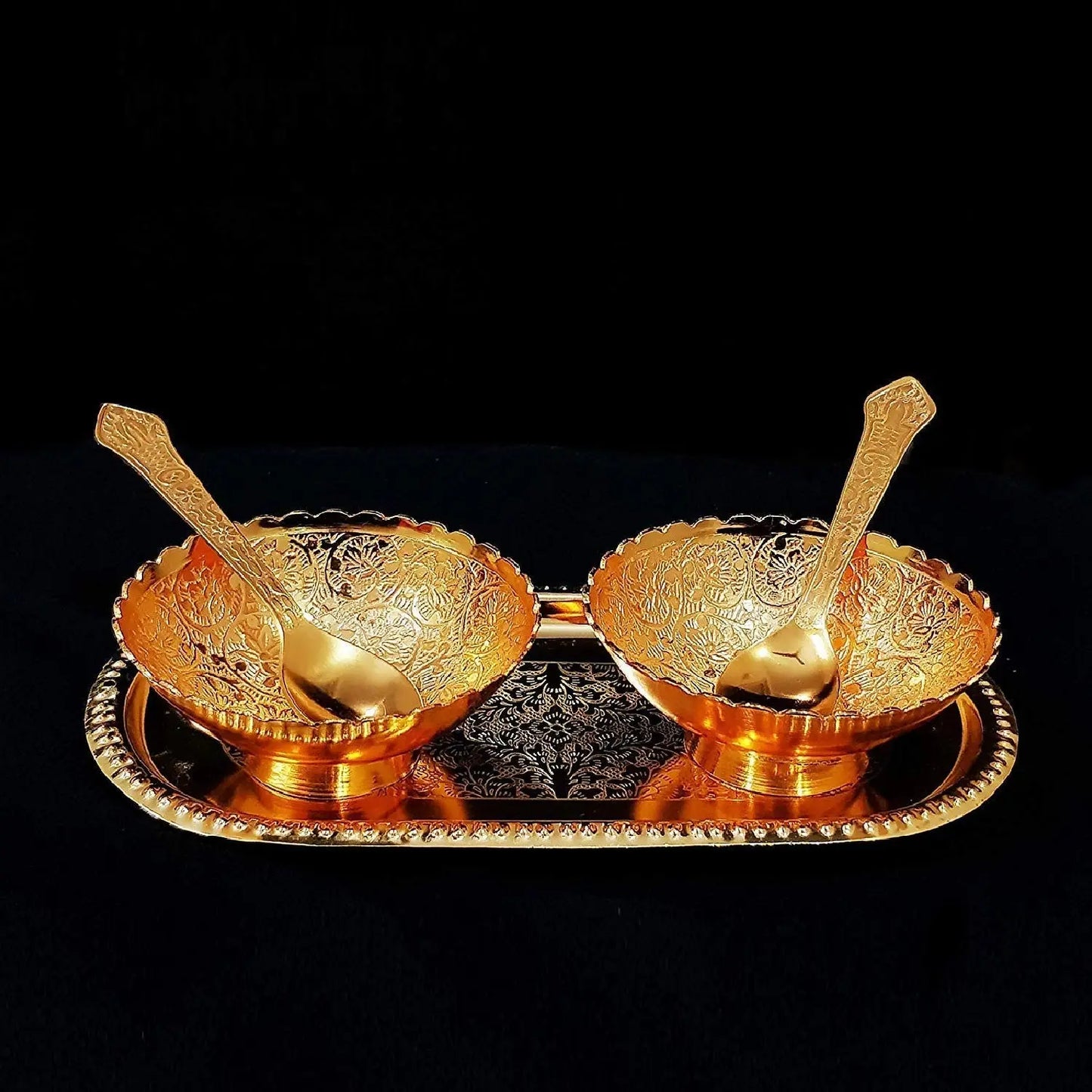 Gold - Silver Plated Bowl Set – 2 Bowls, 2 Spoons & Tray in Velvet Gift Box - Chestore