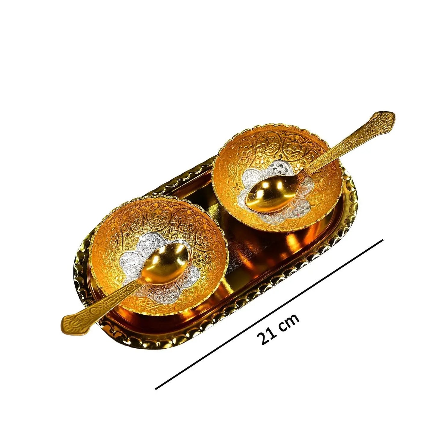 Gold - Silver Plated Bowl Set – 2 Bowls, 2 Spoons & Tray in Velvet Gift Box - Chestore
