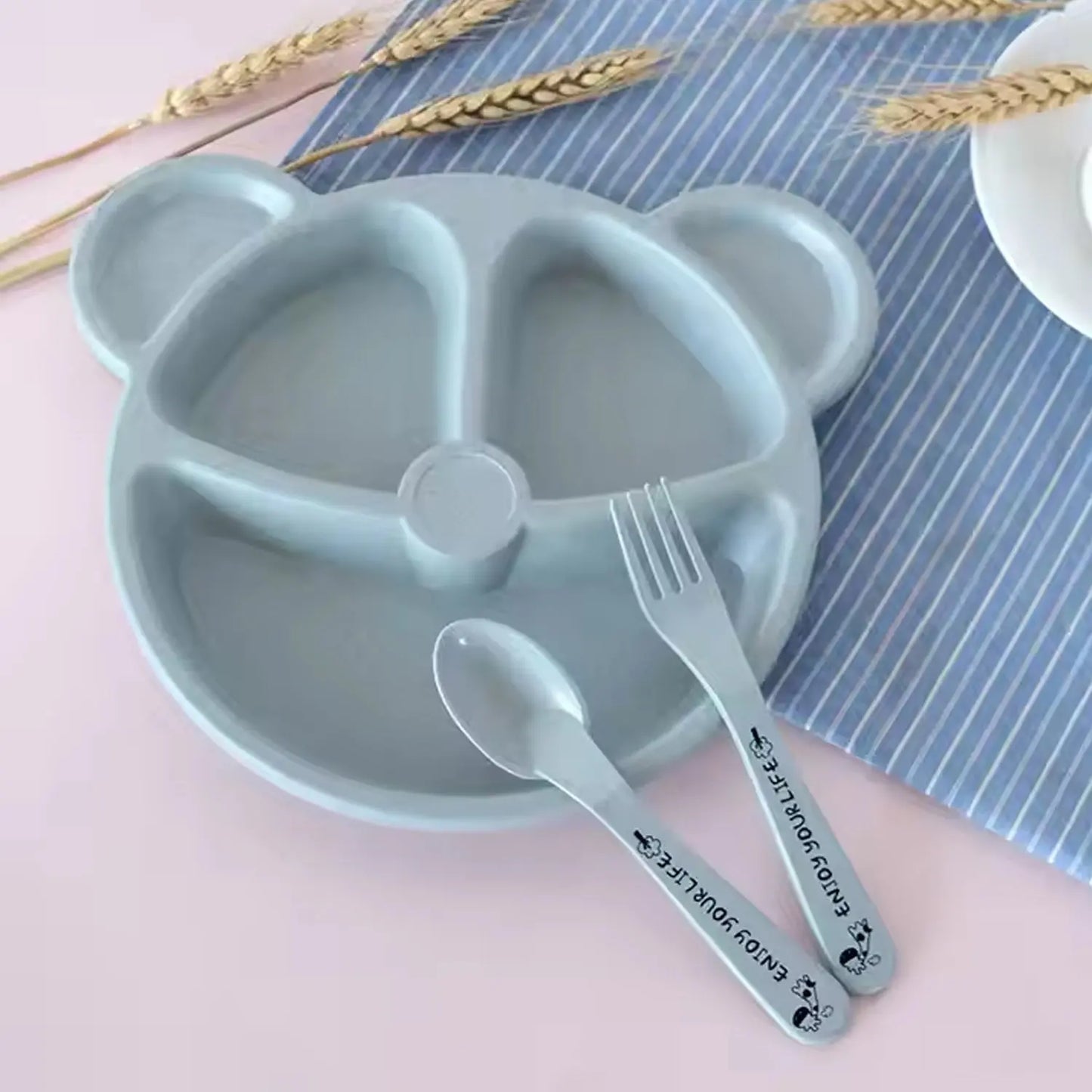 🍽️ Kids 3 - Compartment Food Tray Plates with Spoon & Fork – 1 Set - Chestore