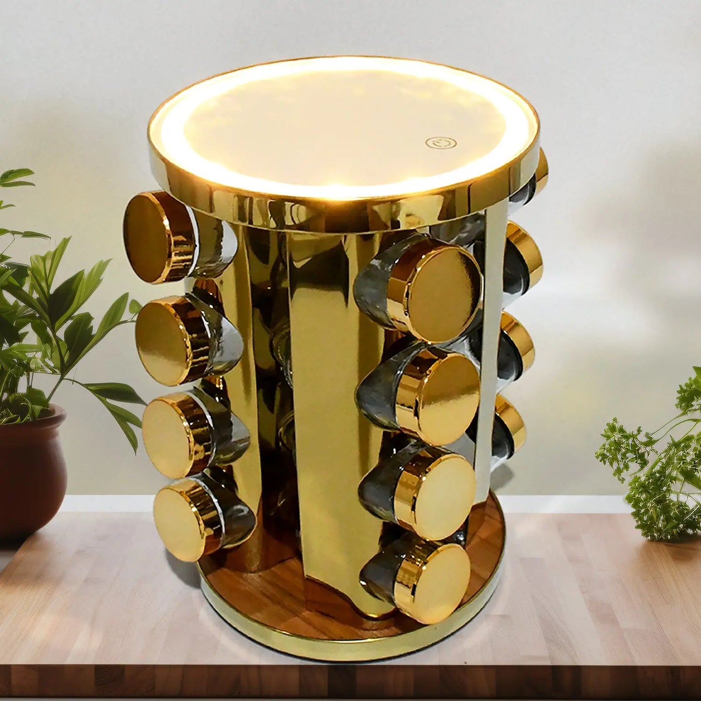 LED Spice Rack Organizer | Rotating Stainless Steel Spice Rack with 16 Free Seasoning Jars (Golden) - Chestore