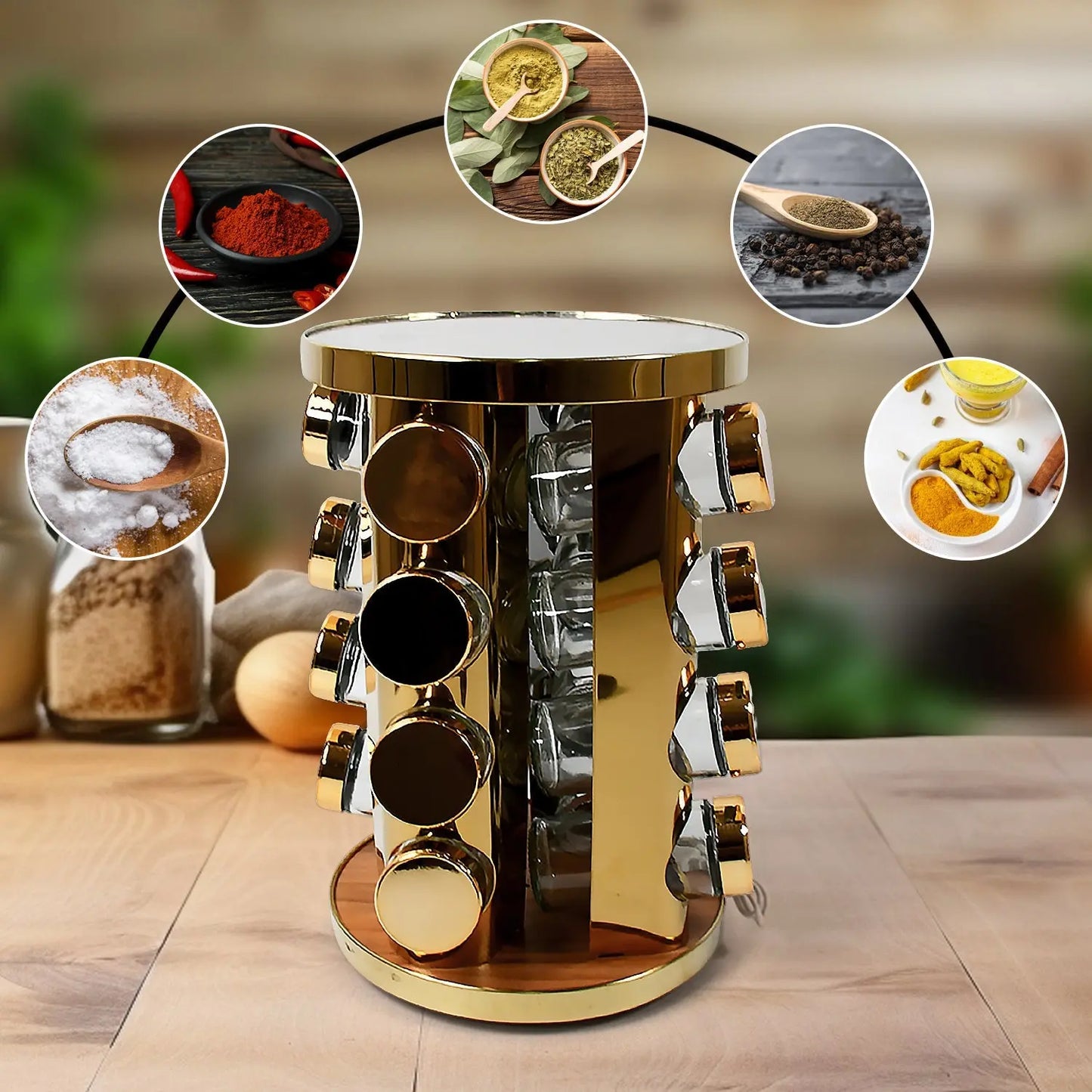 LED Spice Rack Organizer | Rotating Stainless Steel Spice Rack with 16 Free Seasoning Jars (Golden) - Chestore