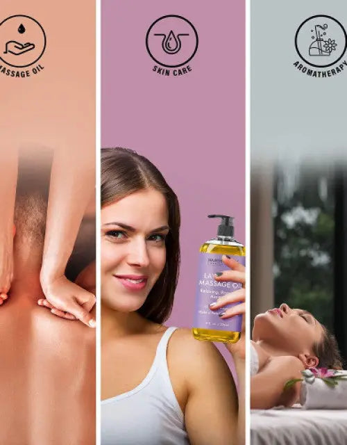 Collage of massage oil packaging with people using it and a woman holding the bottle.