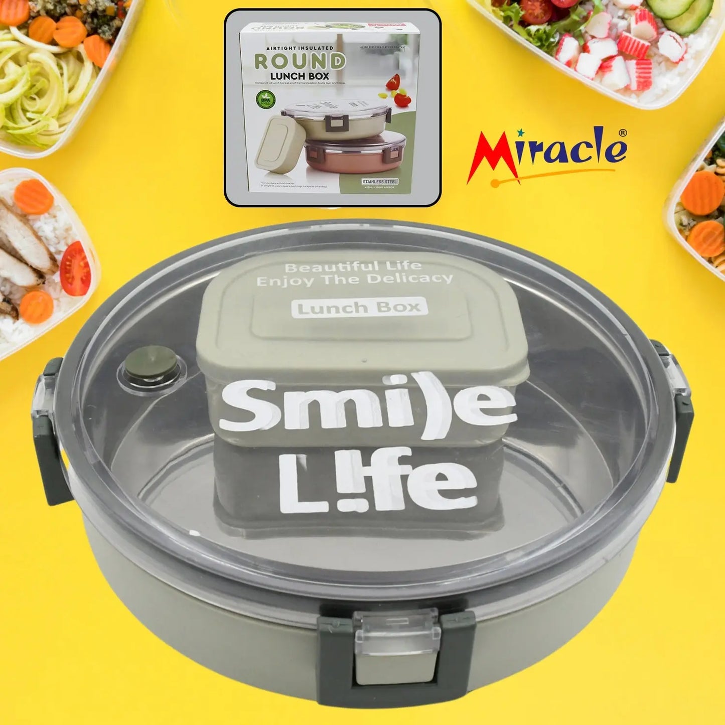 Miracle Stainless Steel Round Leak - Proof Lunch Box (450ml + 250ml) - Chestore