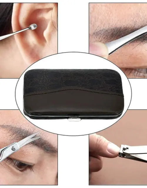 Collage of close-up images including an ear, scissors, and a black case.